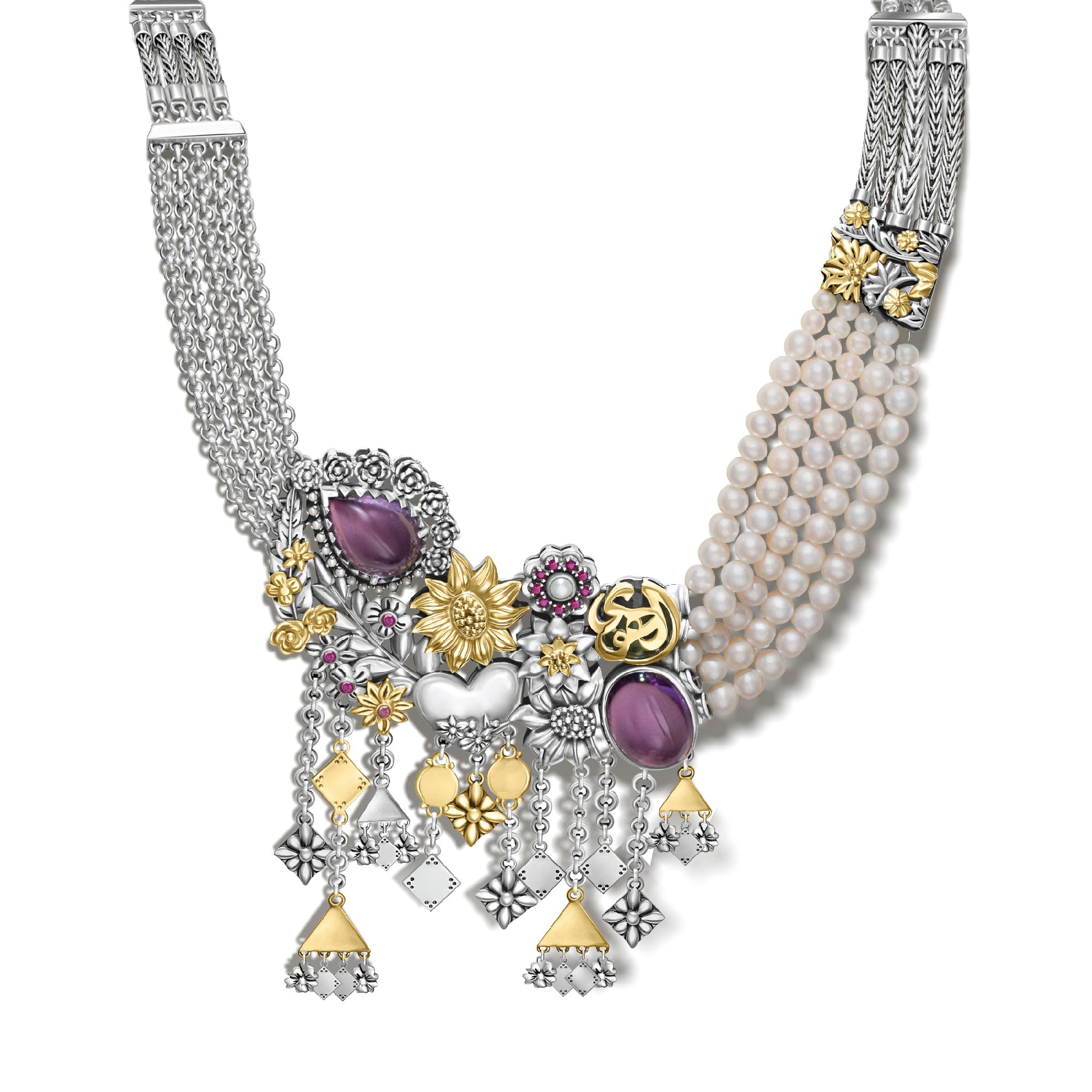 Fallahy Floral Necklace by Azza Fahmy - Gold|Sterling Silver - Designer Necklaces - FNSG23005YDNN