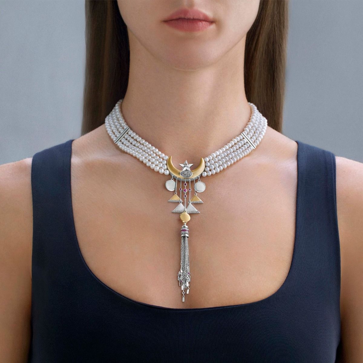 Beaded Crescent Necklace by Azza Fahmy - Gold|Sterling Silver - Designer Necklaces - CNSG23002YCNN